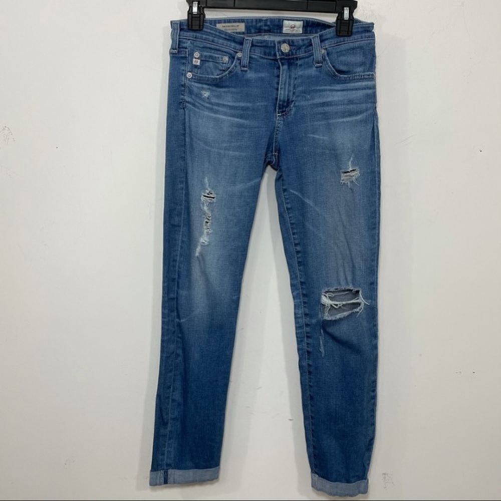 AG the stilt roll up distressed blue crop jeans 28